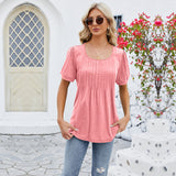 Women's T-shirt in spring with a solid round neck and a pleated slim short-sleeved pull-up top