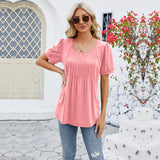 Women's T-shirt in spring with a solid round neck and a pleated slim short-sleeved pull-up top