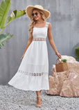New solid color hollowed out lace patchwork square neckline sleeveless suspender dress