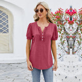 European and American spring and summer new solid color women's V-neck button fungus edge short sleeve T-shirt