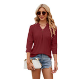 European and American Cross border Trade Spring/Summer New Solid Color Sleeve V-Neck Casual Loose T-shirt Top
