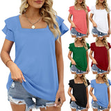 European and American cross-border women's clothing Amazon's new solid color square neck double ruffled sleeve loose top T-shirt