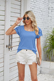 New summer solid color square neck T-shirt Double petal sleeve loose top