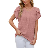 European and American cross-border foreign trade women's clothing jacquard round neck petal sleeve solid color chiffon shirt