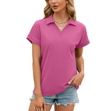 Spring/Summer New European and American Cross border Women's Wear Polo Collar Solid Short sleeved Casual Loose T-shirt