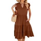 2024 Spring/Summer New Solid Color V-Neck Loose Short Sleeve Waist Panel Dress