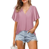 Summer new V-neck chiffon shirt pleated loose short sleeved top for women