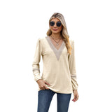 Europe and the United States cross-border foreign trade women&#039;s T-shirt solid color V-neck long sleeve loose lace stitching women&#039;s tops