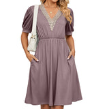 Spring/summer solid color lace patchwork V-neck short sleeved pocket waist cinching dress