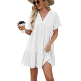 Spring/Summer New Solid Color V-Neck Loose Pleated Dress for Women