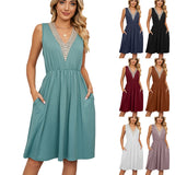 Cross border Trade Spring/Summer Solid Color V-Neck Lace Panel Sleeveless Pocket Waist Wrap Dress