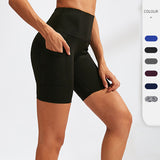 Women's high waisted yoga shorts with diagonal pockets for running training, quick drying, tight fitting, and elastic fitness shorts