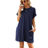 Spring and summer new solid color round neck pocket loose short sleeve dress