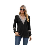 Europe and the United States cross-border foreign trade women&#039;s T-shirt solid color V-neck long sleeve loose lace stitching women&#039;s tops