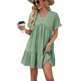 Spring/Summer New Solid Color V-Neck Loose Pleated Dress for Women