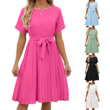 Spring and summer new solid round neck pleated lace up loose fitting short sleeved dress