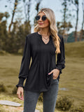 Autumn new T-shirt cross-border womens solid color lace-up bubble sleeve V-neck long-sleeved shirt