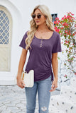 New T-shirt for spring and summer Button-down U-neck loose short-sleeved drawstring top