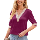 Summer new cross-Amazon European and American women&#039;s V-neck lace satin sleeve fashion shirt top
