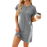 4 spring and summer new round neck solid color short sleeve loose dress women