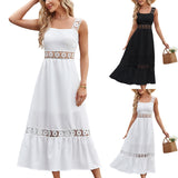 New solid color hollowed out lace patchwork square neckline sleeveless suspender dress