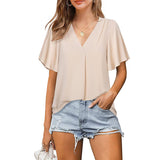 Summer new V-neck chiffon shirt pleated loose short sleeved top for women