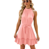 Spring/Summer New Solid Round Neck Hanging Neck Tie up Dress for Women