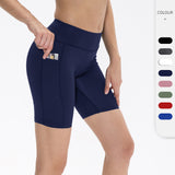 Women's yoga shorts with hip lifting pockets, outdoor sports and running training pants, quick drying and tight fitting fitness shorts