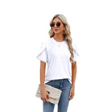 European and American cross-border women's new T-shirt solid color round neck pull strip pearl petal sleeve pleated women's top