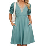 Spring/summer solid color lace patchwork V-neck short sleeved pocket waist cinching dress