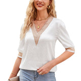 Summer new cross-Amazon European and American women&#039;s V-neck lace satin sleeve fashion shirt top