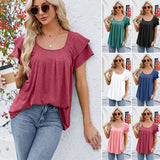 New cross-border European and American women's t-shirt in spring and summer, solid color round neck, wrinkled double layered petal sleeves, short sleeved top for women