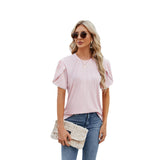 European and American cross-border women's new T-shirt solid color round neck pull strip pearl petal sleeve pleated women's top