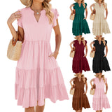 2024 Spring/Summer New Solid Color V-Neck Loose Short Sleeve Waist Panel Dress