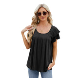 New cross-border European and American women's t-shirt in spring and summer, solid color round neck, wrinkled double layered petal sleeves, short sleeved top for women