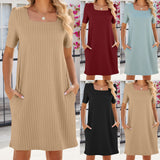 Spring/Summer New Solid Color Square Neck Short Sleeve Loose Pocket Dress