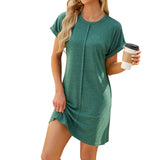 4 spring and summer new round neck solid color short sleeve loose dress women