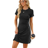 Summer new solid round neck pleated slim fitting short sleeved dress