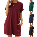 Spring and summer new solid color round neck pocket loose short sleeve dress