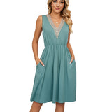 Cross border Trade Spring/Summer Solid Color V-Neck Lace Panel Sleeveless Pocket Waist Wrap Dress