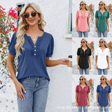 European and American spring and summer new solid color women's V-neck button fungus edge short sleeve T-shirt