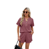European and American women's spring and summer new Asian home wear solid color casual waffle two-piece shorts set