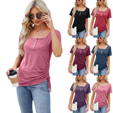 New T-shirt for spring and summer Button-down U-neck loose short-sleeved drawstring top