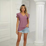2024 Spring/Summer New Solid Color Double Sleeve V-Neck Loose Short Sleeve T-Shirt Top Women