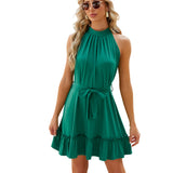 Spring/Summer New Solid Round Neck Hanging Neck Tie up Dress for Women