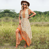 Spring/Summer New Women's Bohemian Vacation V-neck European and American Printed Fragmented Flower Dress