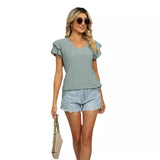 2024 Spring/Summer New Solid Color Double Sleeve V-Neck Loose Short Sleeve T-Shirt Top Women