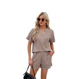 European and American women's spring and summer new Asian home wear solid color casual waffle two-piece shorts set