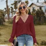 Autumn and winter new lace V-neck solid color loose long-sleeved T-shirt blouse women